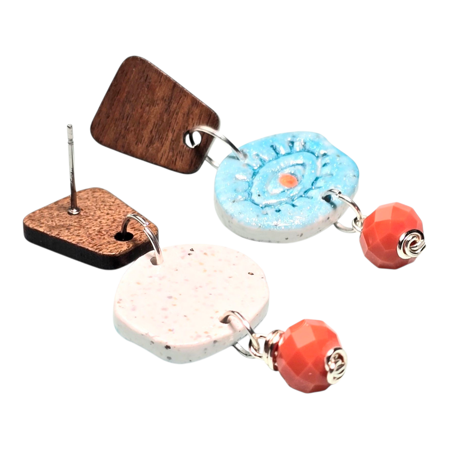 Tribal Spirit Boho Earrings – Turquoise Blue Polymer Clay Evil Eye Dangle Earrings with Wooden Studs & Orange Glass Beads