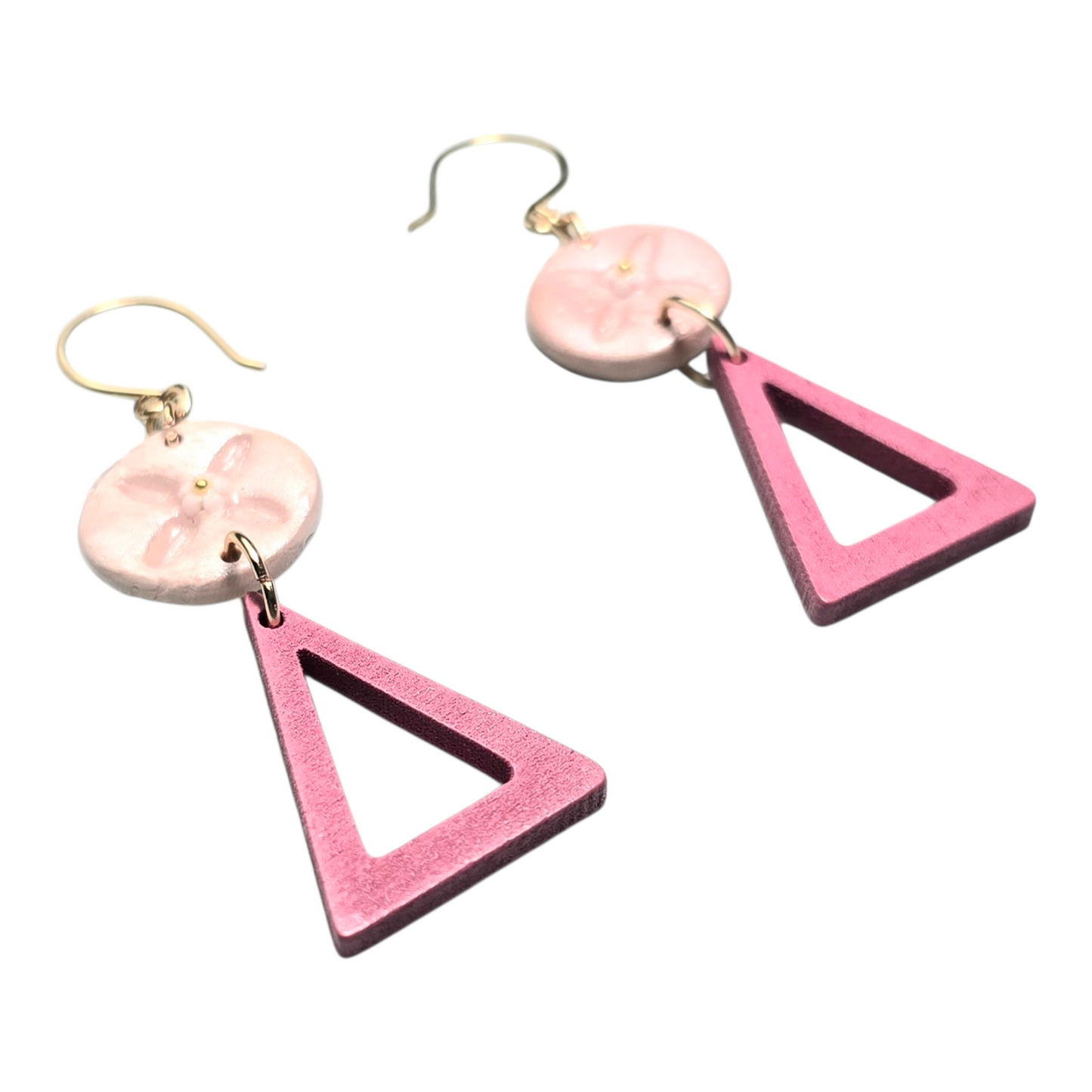 Blush Petal Boho Earrings – Light Pink Polymer Clay & Wooden Triangle Dangle Earrings with Golden Wire Hooks
