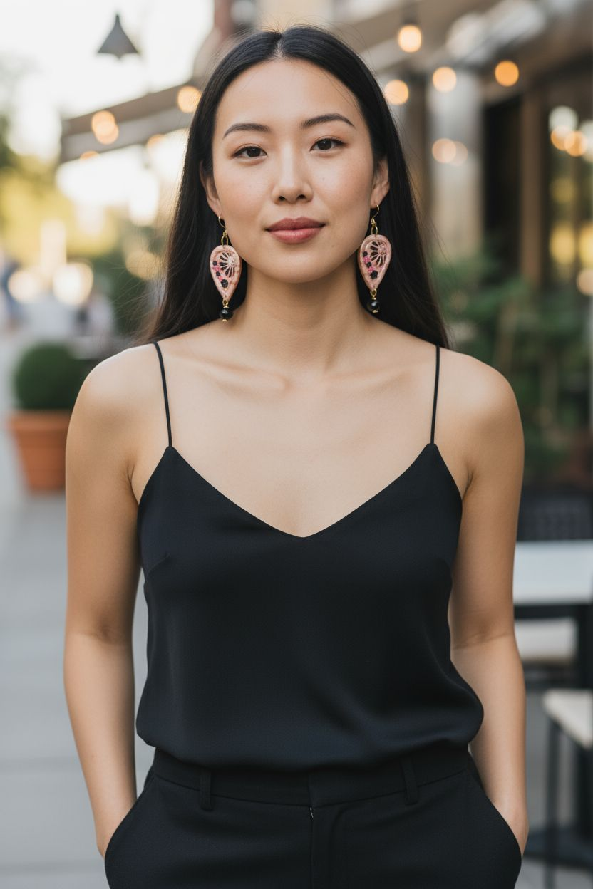 Midnight Blush Boho Earrings – Light Pink & Black Polymer Clay Dangle Earrings with Golden Wire & Black Glass Beads