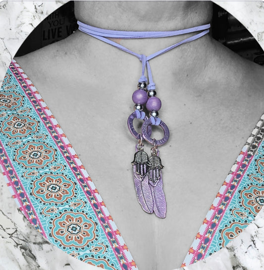 Boho Hamsa Feather Necklace – Handmade Jewelry with Silver Hamsa Charm, Purple Feather, Wood Bead & Faux Suede Cord