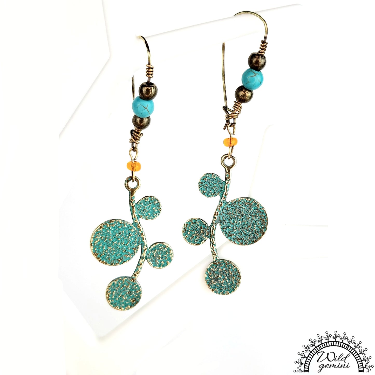 Boho Leaf Earrings – Handmade Brass Dangle Earrings with Turquoise Jasper, Orange Seed Beads & Round Leaf Charms, 3” Long