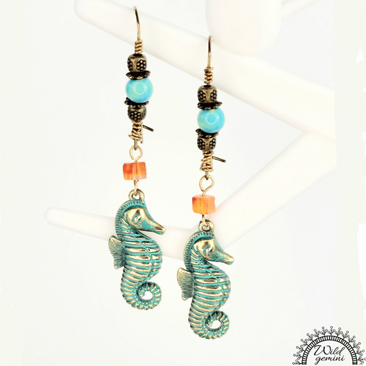 Boho Seahorse Earrings – Handmade Brass Dangles with Turquoise Jasper, Orange Carnelian Beads & Sea Horse Charms, 2.83” Long