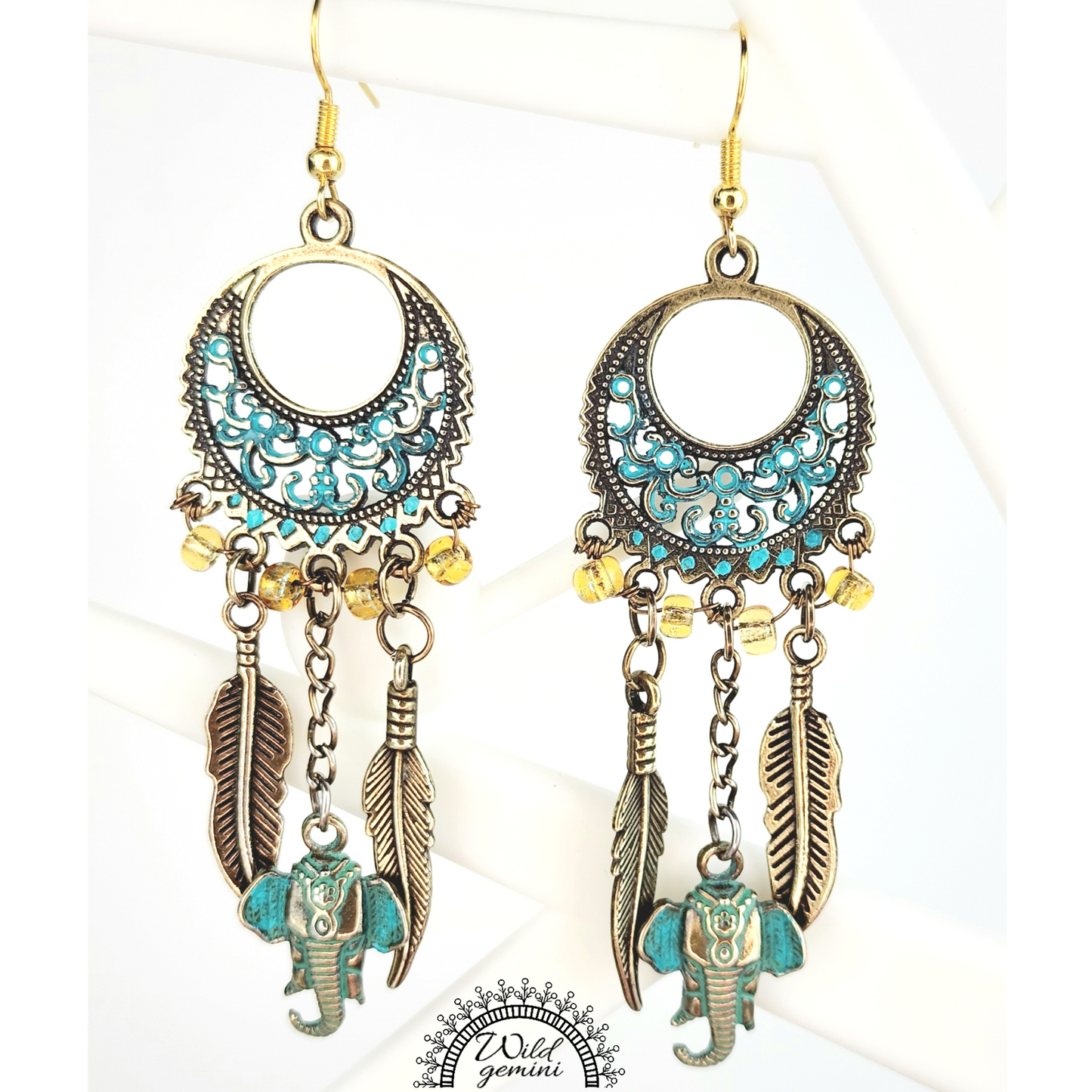 Boho Elephant & Feather Earrings – Handmade Tribal Dangle Jewelry with Turquoise Brass Charms, Yellow Seed Beads & Floral Gold Hoops