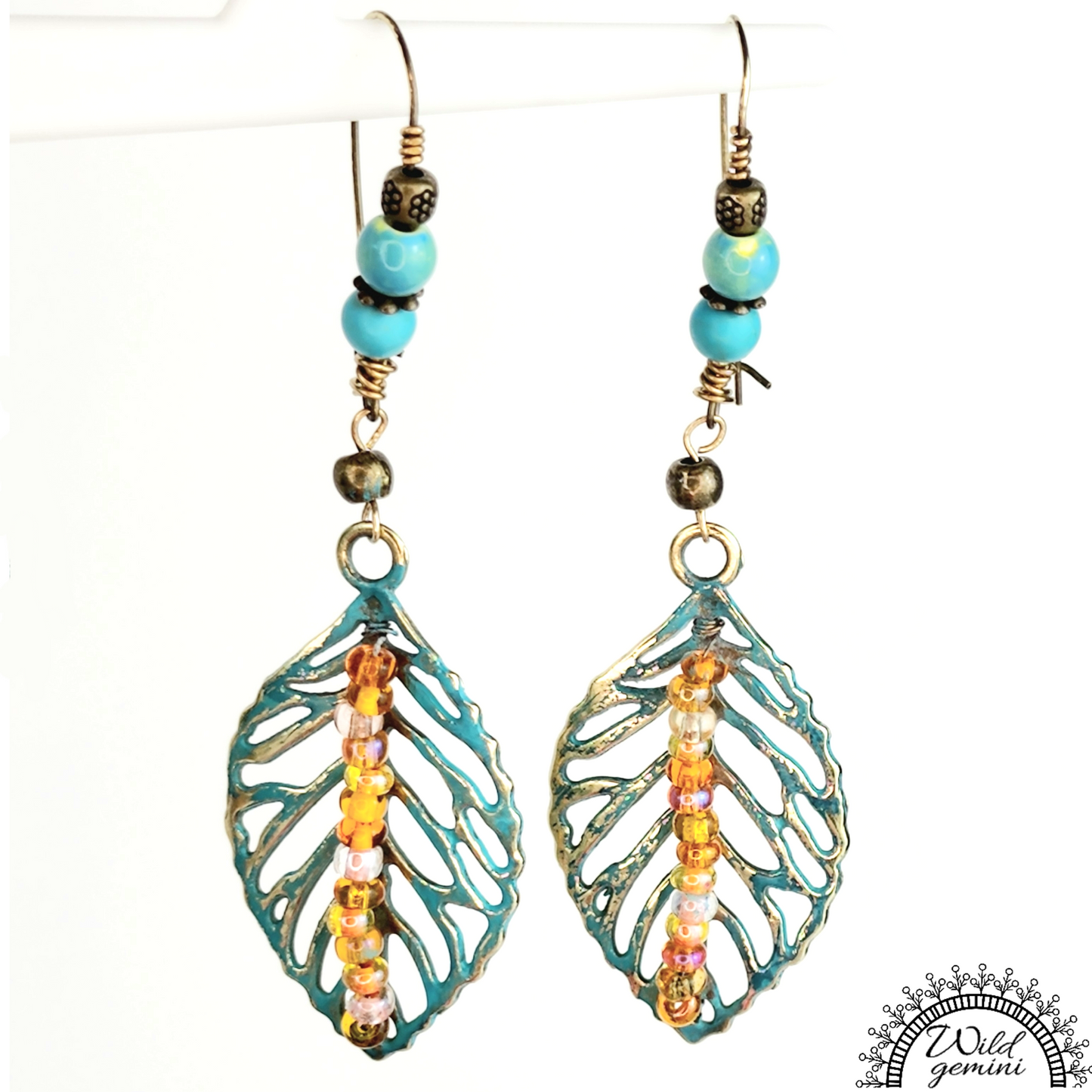 Boho Leaf Dangle Earrings – Handmade Brass Earrings with Turquoise Jasper, Orange Seed Beads & Long Leaf Charms, 3.5” Long
