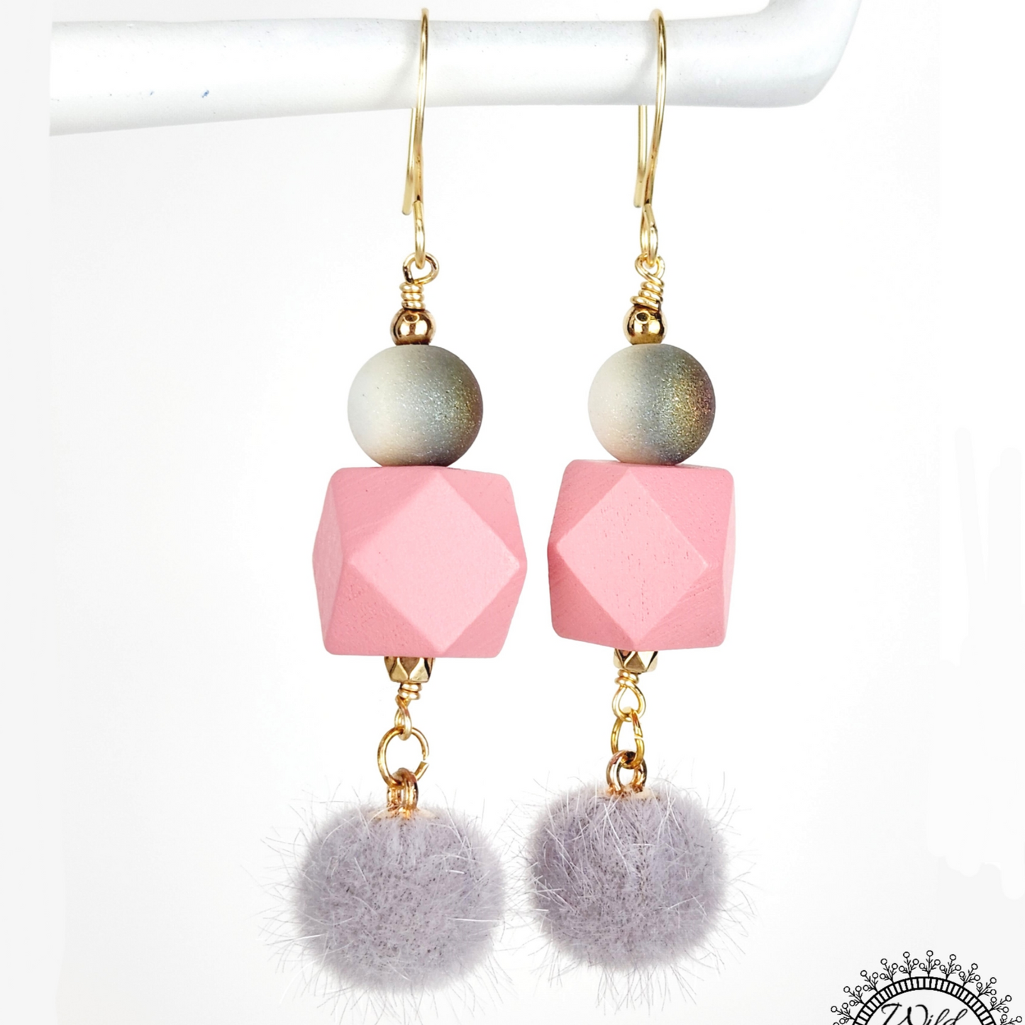 Boho Fuzzy Ball Earrings – Handmade Dangles with Grey Fuzzy Beads, Iridescent Rounds & Pink Wooden Hexagons, 2.6” Long with Gold Hooks
