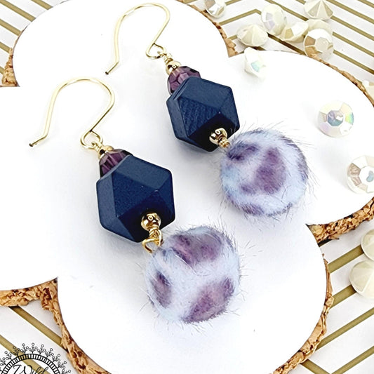 Boho Purple Fuzzy Earrings – Handmade Dangles with Faceted Glass Beads & Blue Wooden Hexagons, 2.6” Long with Gold Hooks