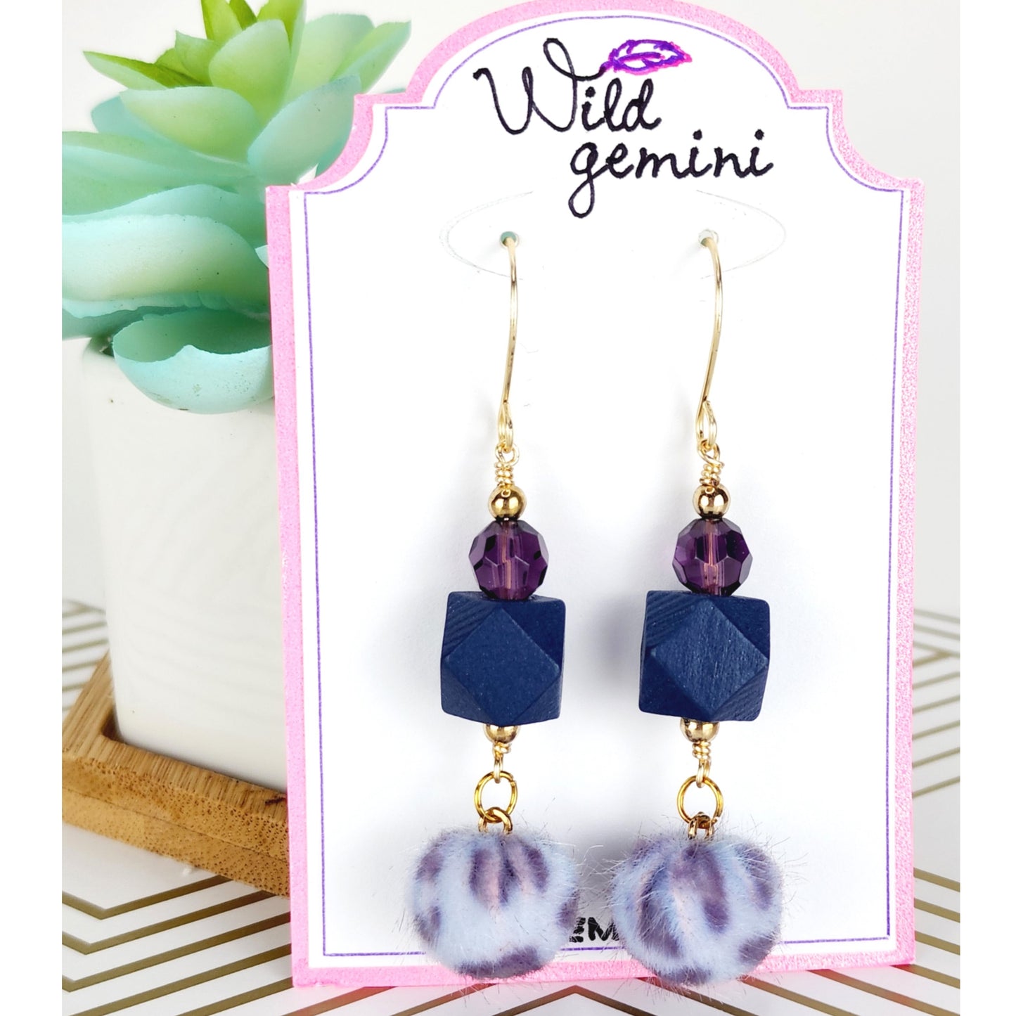 Boho Purple Fuzzy Earrings – Handmade Dangles with Faceted Glass Beads & Blue Wooden Hexagons, 2.6” Long with Gold Hooks