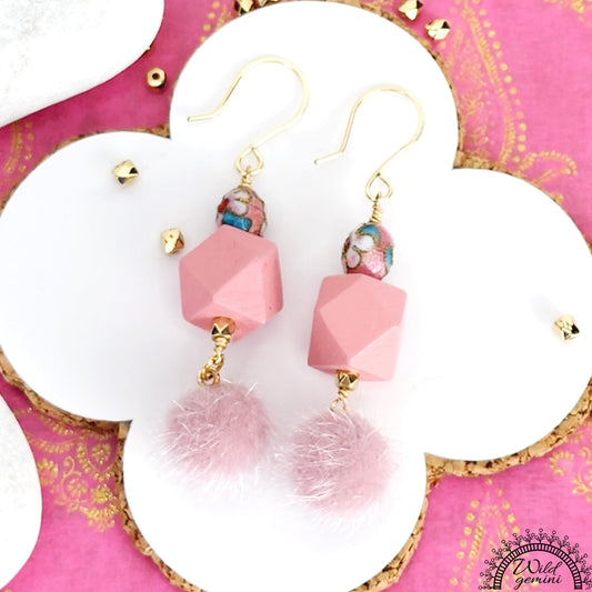 Boho Pink Fuzzy Earrings – Handmade Dangles with Vintage Cloisonné Beads & Wooden Hexagons, 2.6” Long with Gold Hooks