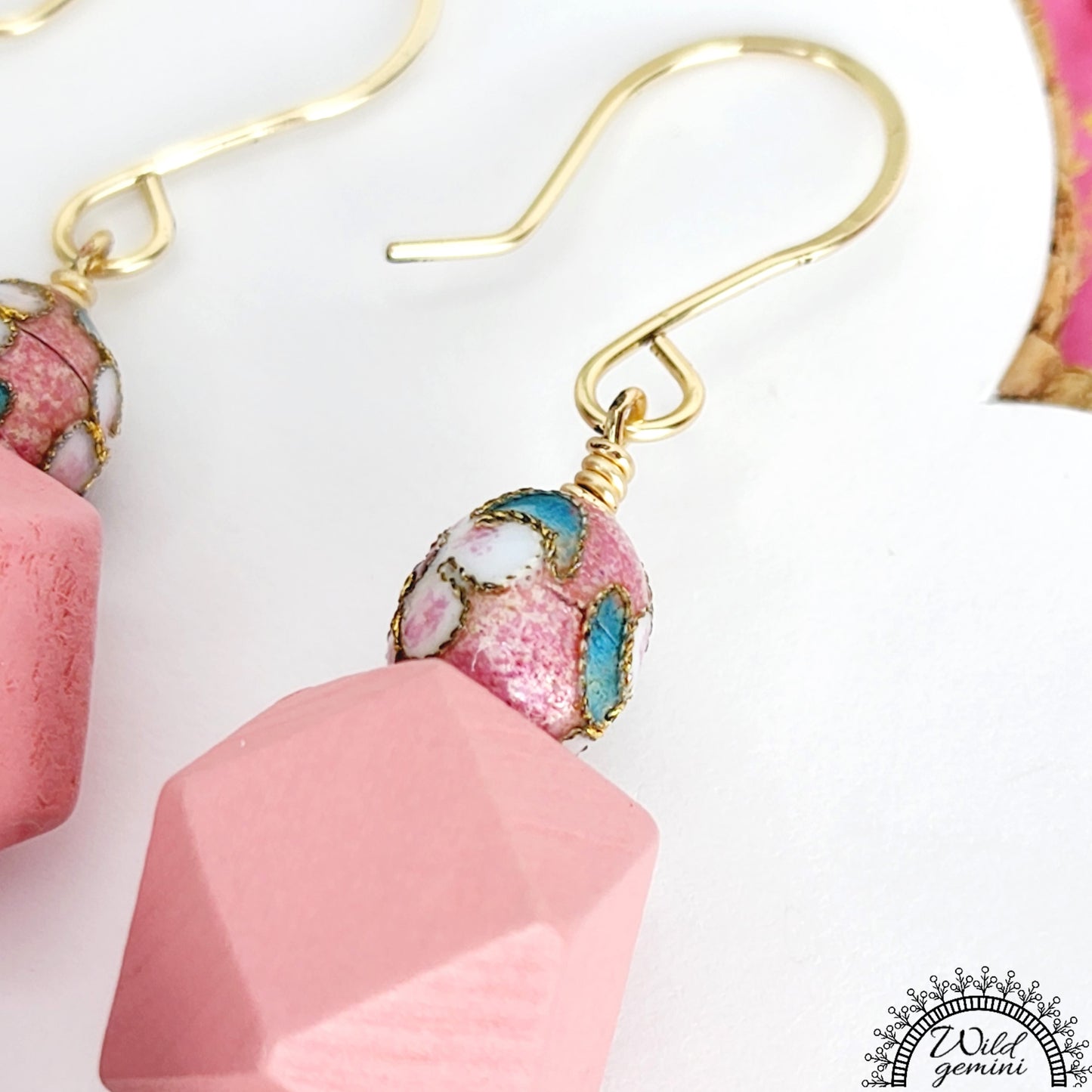 Boho Pink Fuzzy Earrings – Handmade Dangles with Vintage Cloisonné Beads & Wooden Hexagons, 2.6” Long with Gold Hooks