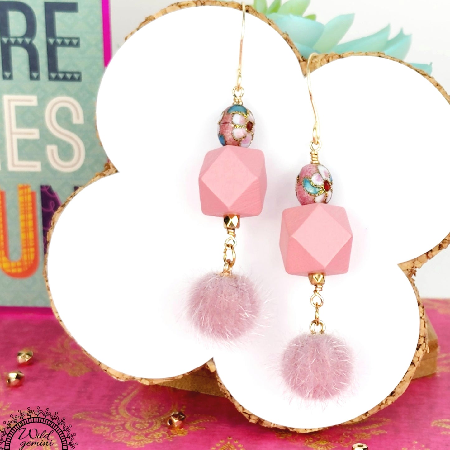 Boho Pink Fuzzy Earrings – Handmade Dangles with Vintage Cloisonné Beads & Wooden Hexagons, 2.6” Long with Gold Hooks