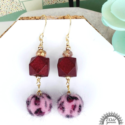 Boho Burgundy Fuzzy Earrings – Handmade Dangles with Faceted Glass Beads & Wooden Hexagons, 2.5” Long with Gold Hooks