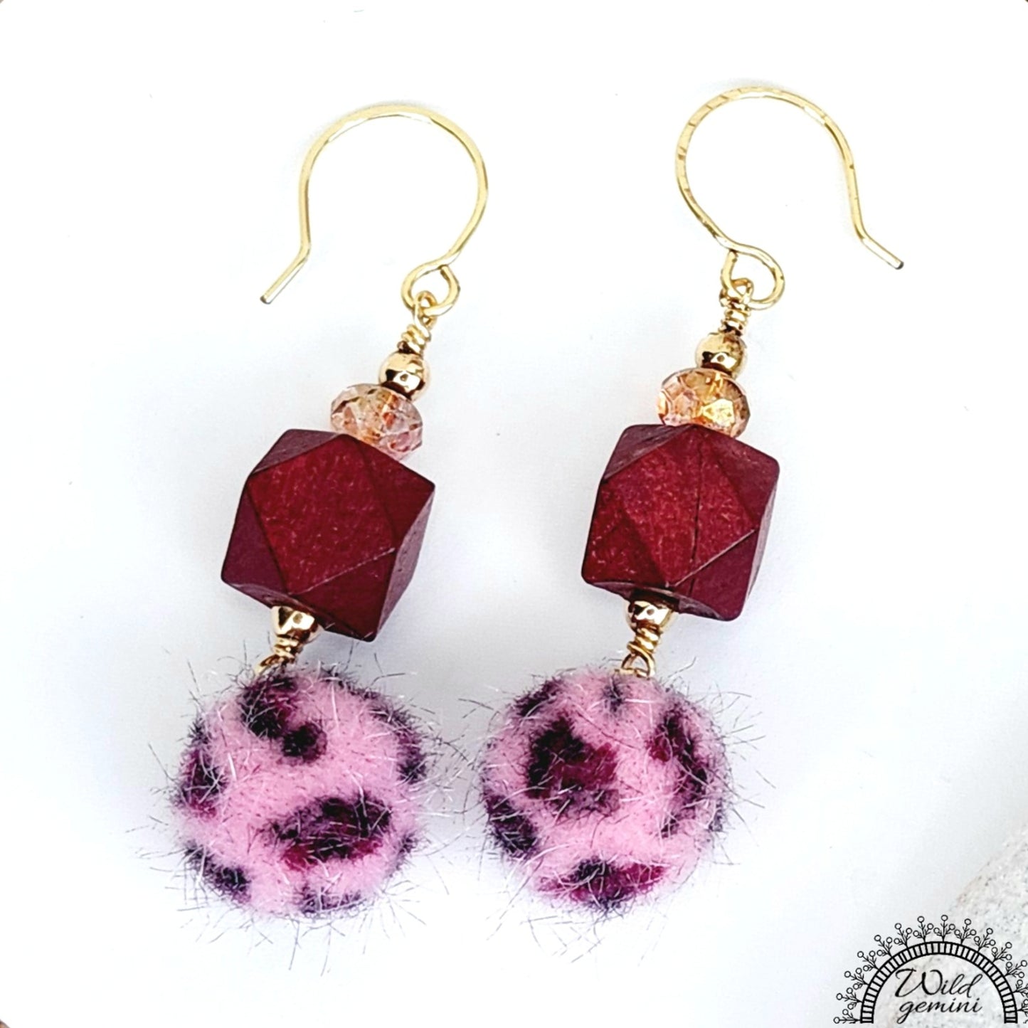 Boho Burgundy Fuzzy Earrings – Handmade Dangles with Faceted Glass Beads & Wooden Hexagons, 2.5” Long with Gold Hooks