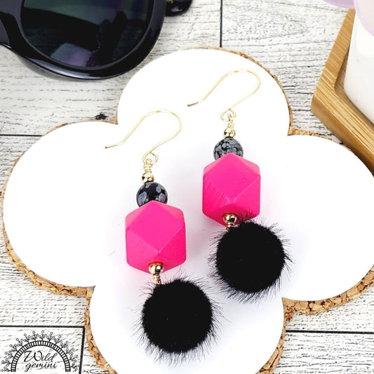 Boho Dalmatian Jasper Earrings – Handmade Dangles with Vintage Cloisonné, Pink Wooden Hexagons & Gold Hooks, 2.6” Long