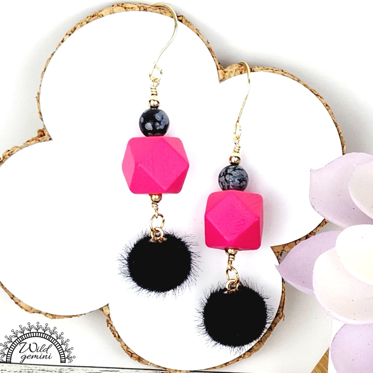Boho Dalmatian Jasper Earrings – Handmade Dangles with Vintage Cloisonné, Pink Wooden Hexagons & Gold Hooks, 2.6” Long