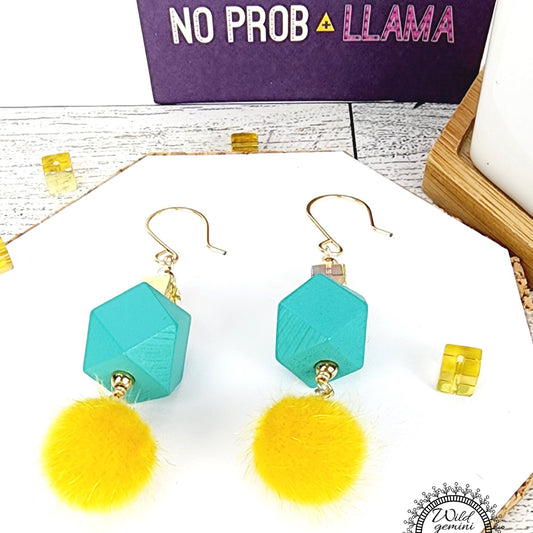 Boho Yellow Fuzzy Earrings – Handmade Dangles with Cube Glass Beads & Teal Wooden Hexagons, 2.5” Long with Gold Hooks