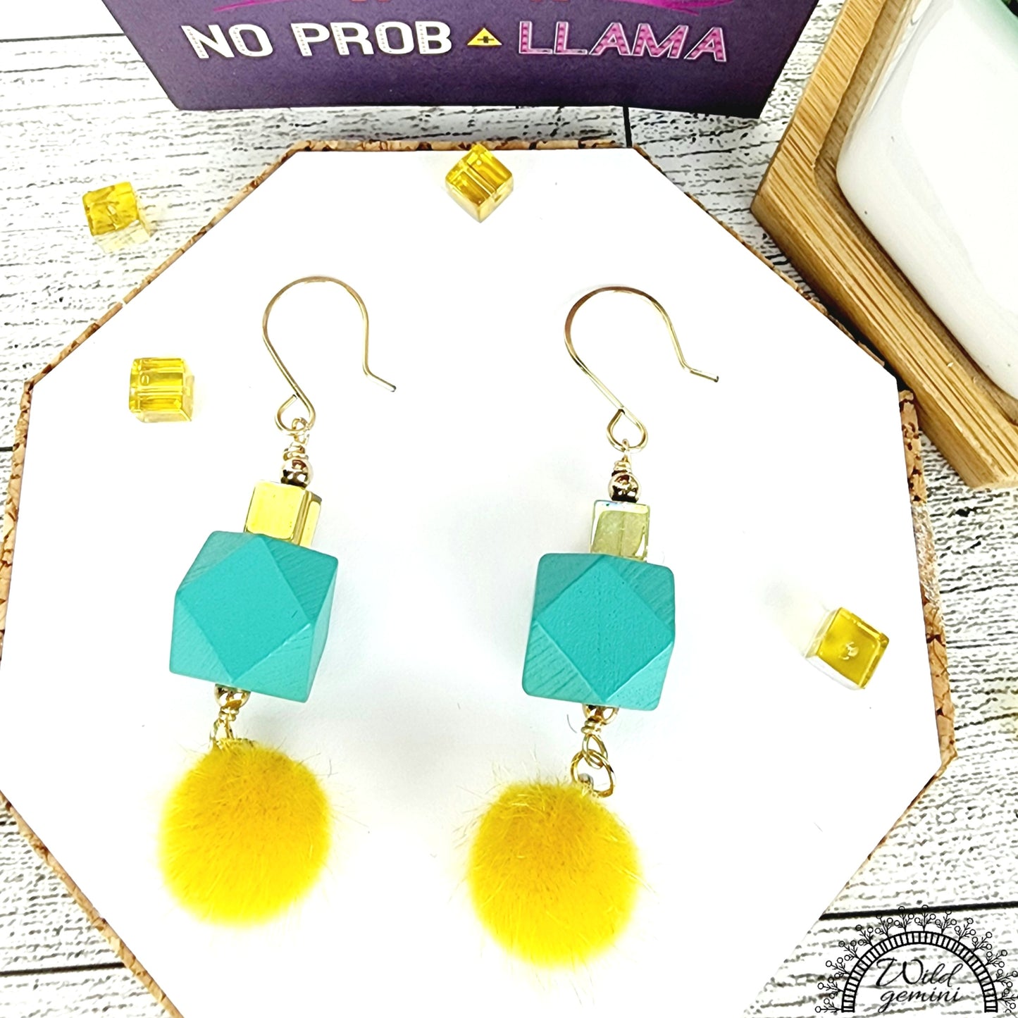 Boho Yellow Fuzzy Earrings – Handmade Dangles with Cube Glass Beads & Teal Wooden Hexagons, 2.5” Long with Gold Hooks