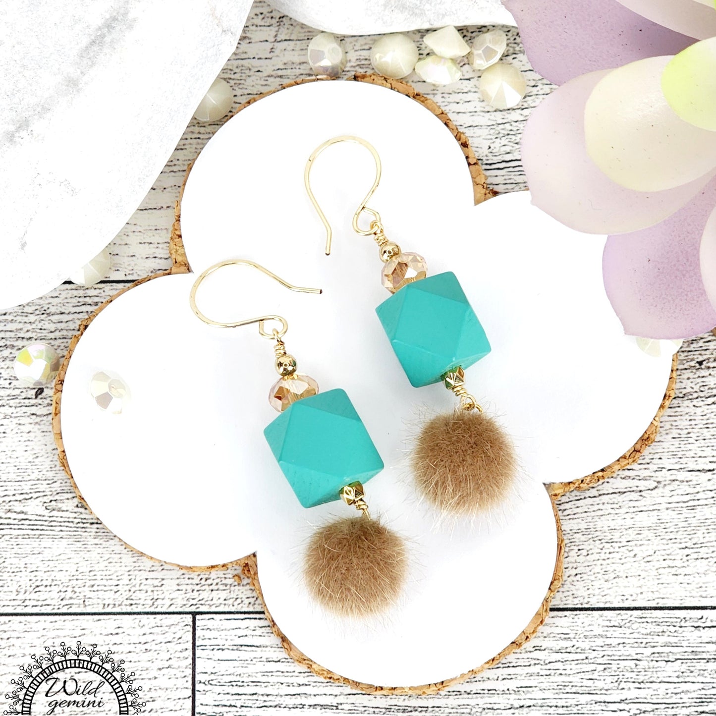 Boho Fuzzy Drop Earrings – Handmade Dangles with Beige Fuzzy Beads, Teal Wooden Hexagons & Glass Rondelles, 2.5” Long with Gold Hooks
