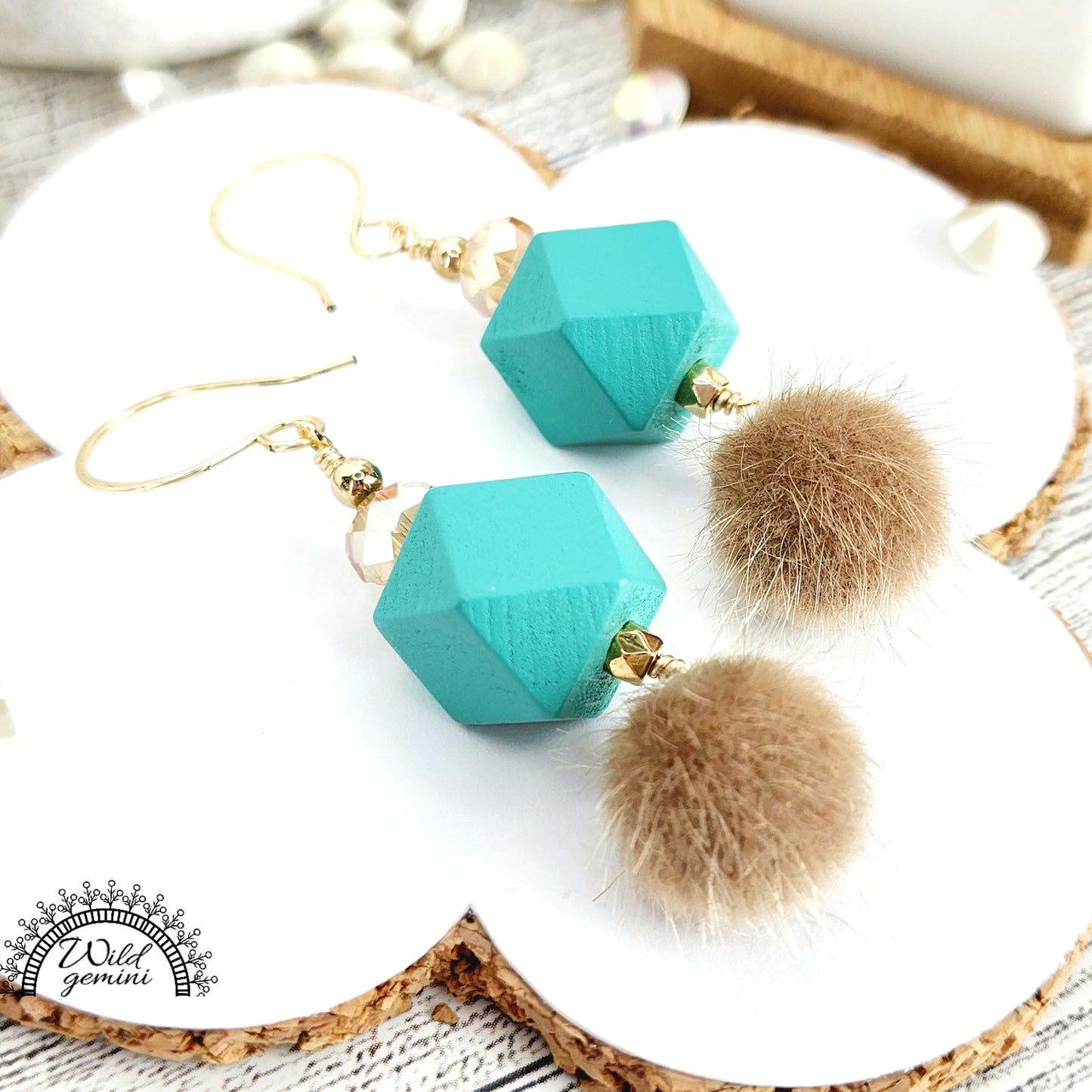 Boho Fuzzy Drop Earrings – Handmade Dangles with Beige Fuzzy Beads, Teal Wooden Hexagons & Glass Rondelles, 2.5” Long with Gold Hooks