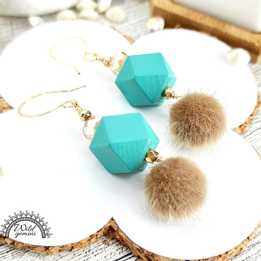 Boho Fuzzy Drop Earrings – Handmade Dangles with Beige Fuzzy Beads, Teal Wooden Hexagons & Glass Rondelles, 2.5” Long with Gold Hooks