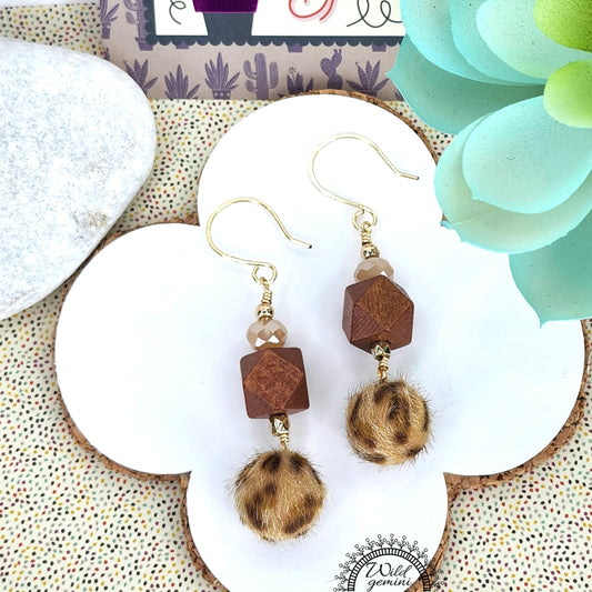 Boho Animal Print Earrings – Handmade Dangles with Fuzzy Beads, Glass Rondelles & Wooden Hexagons, 2.5” Long with Gold Hooks