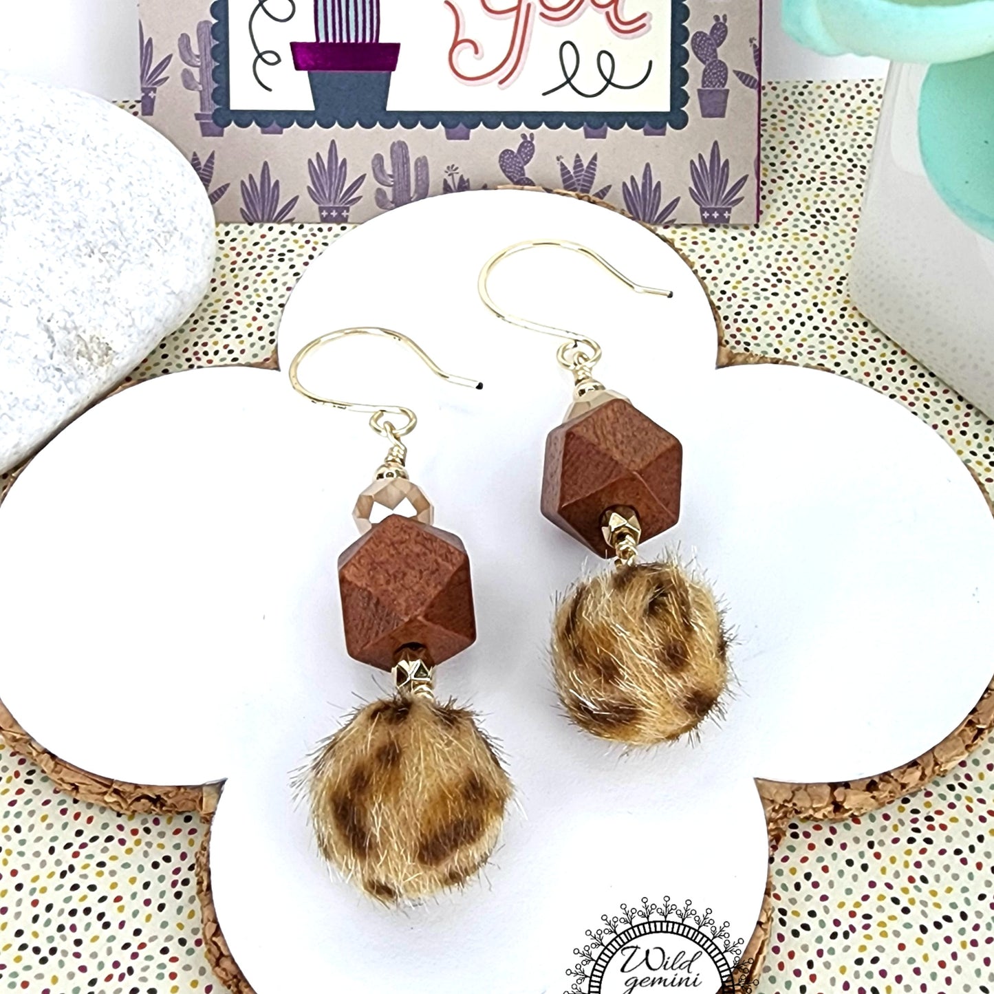 Boho Animal Print Earrings – Handmade Dangles with Fuzzy Beads, Glass Rondelles & Wooden Hexagons, 2.5” Long with Gold Hooks