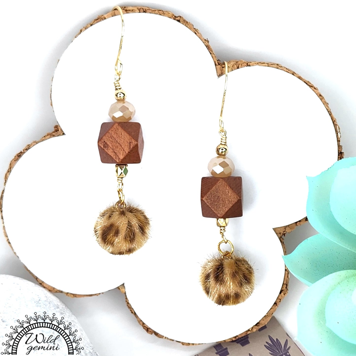 Boho Animal Print Earrings – Handmade Dangles with Fuzzy Beads, Glass Rondelles & Wooden Hexagons, 2.5” Long with Gold Hooks