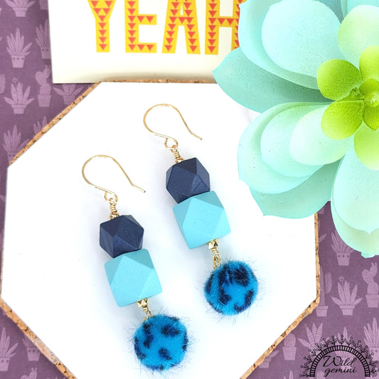 Boho Blue Fuzzy Earrings – Handmade Dangles with Wooden Hexagons & Blue Fuzzy Beads, 3” Long with Gold Hooks