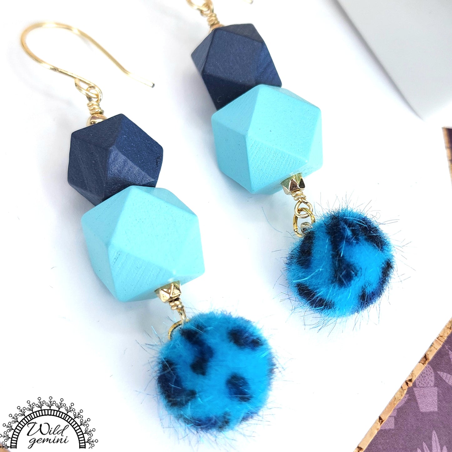 Boho Blue Fuzzy Earrings – Handmade Dangles with Wooden Hexagons & Blue Fuzzy Beads, 3” Long with Gold Hooks