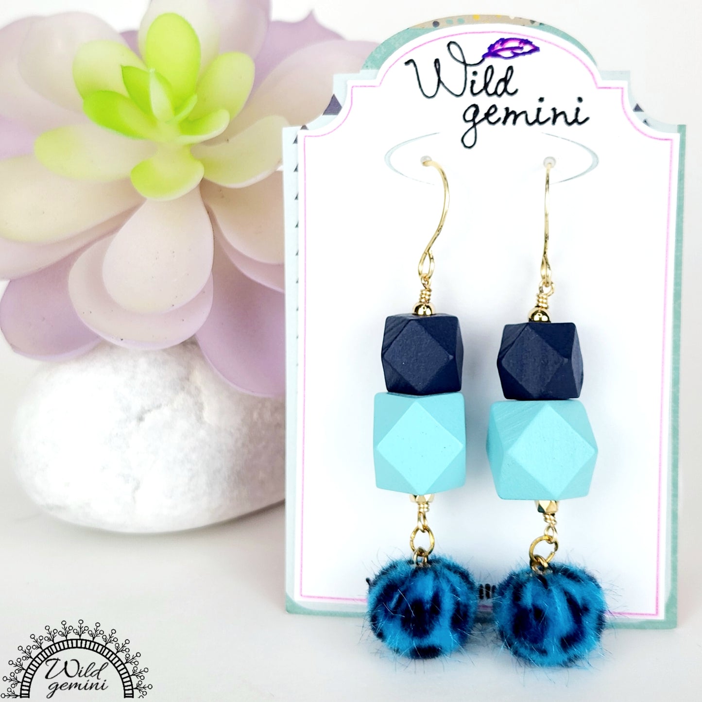 Boho Blue Fuzzy Earrings – Handmade Dangles with Wooden Hexagons & Blue Fuzzy Beads, 3” Long with Gold Hooks