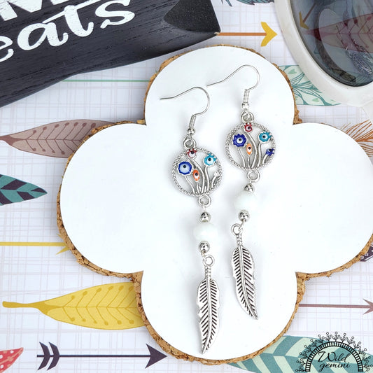 Boho Floral Feather Earrings – Handmade Silver Dangles with Enamel Flower Charms, White Faceted Beads & Feather Drops, 3.25” Long