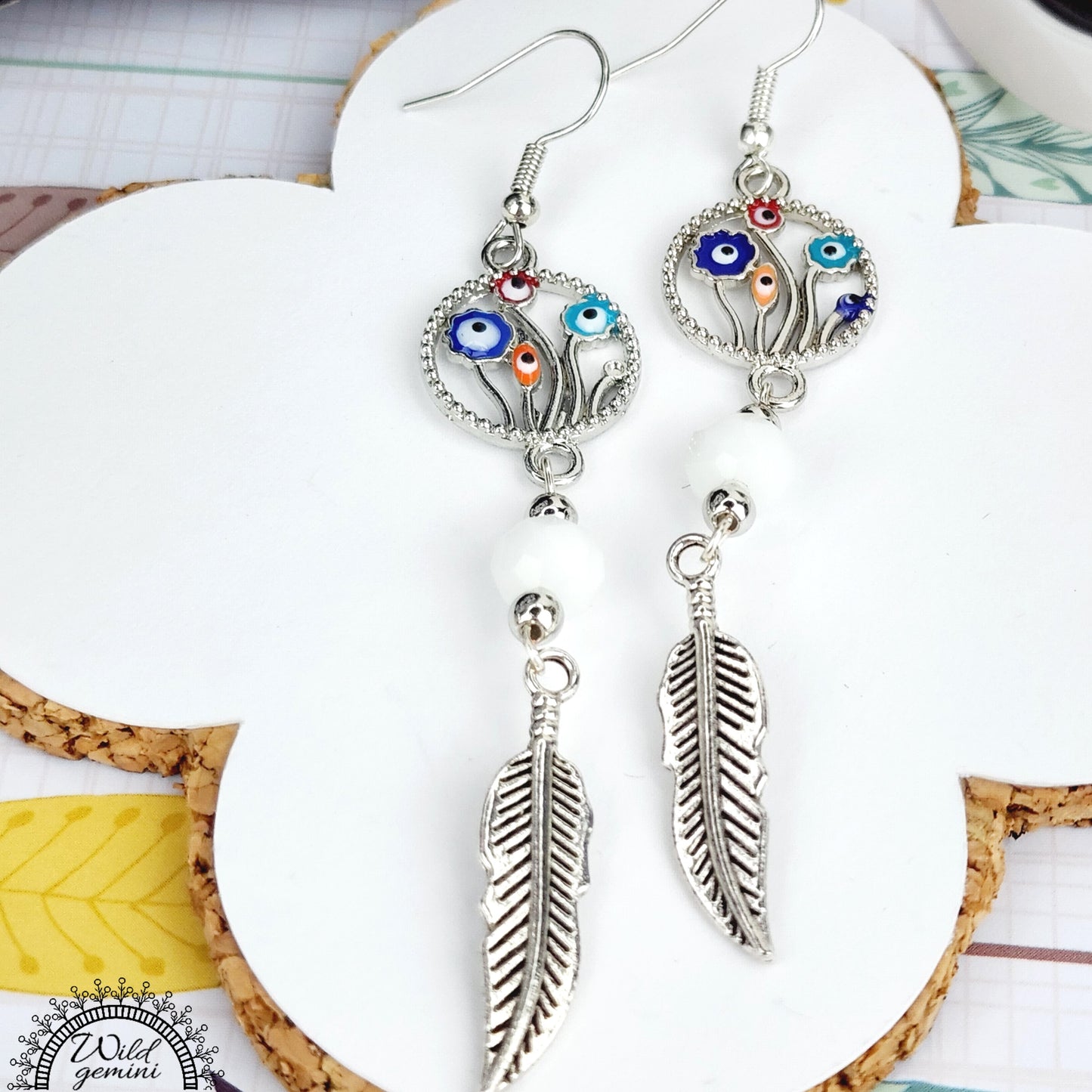 Boho Floral Feather Earrings – Handmade Silver Dangles with Enamel Flower Charms, White Faceted Beads & Feather Drops, 3.25” Long