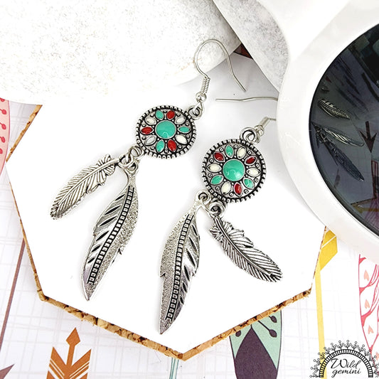 Boho Coin Feather Earrings – Handmade Silver Dangles with Teal & Red Enameled Coins & Layered Silver Feathers, 2.75” Long