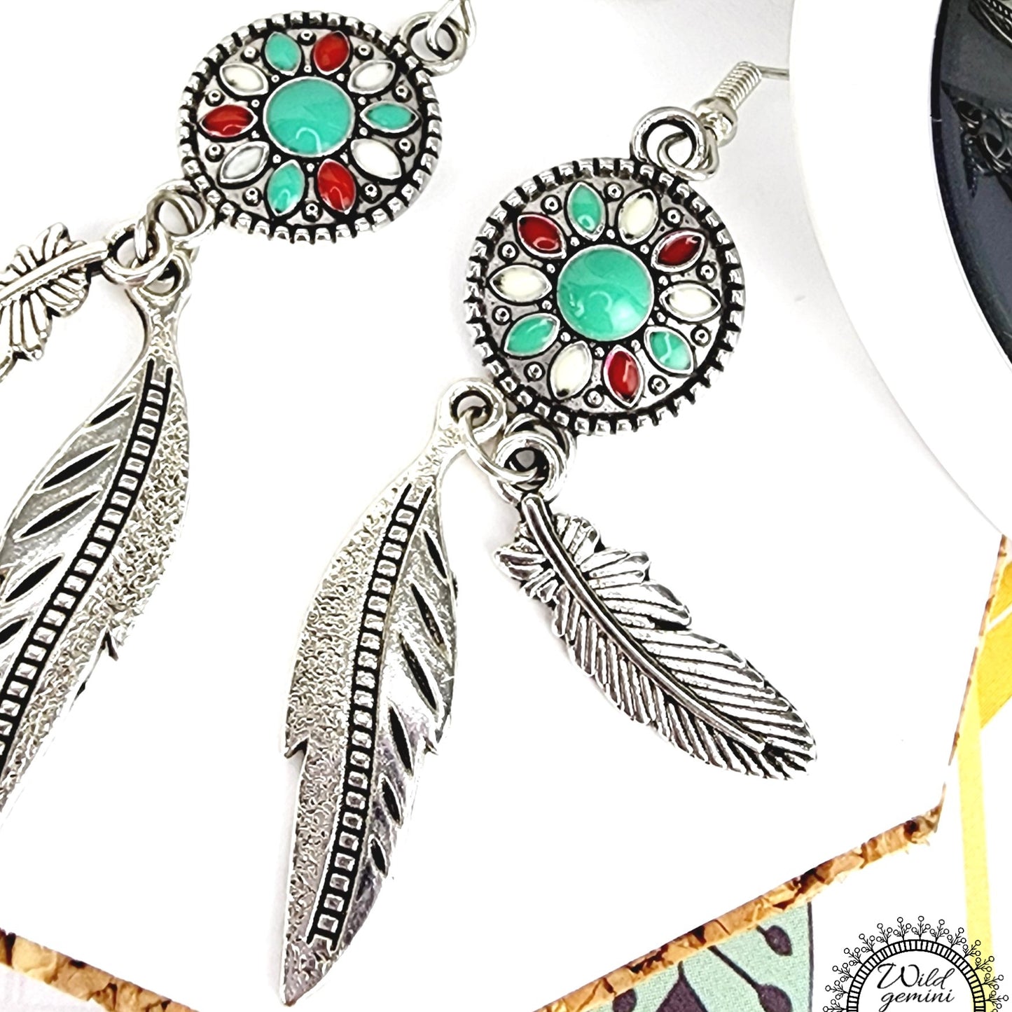 Boho Coin Feather Earrings – Handmade Silver Dangles with Teal & Red Enameled Coins & Layered Silver Feathers, 2.75” Long