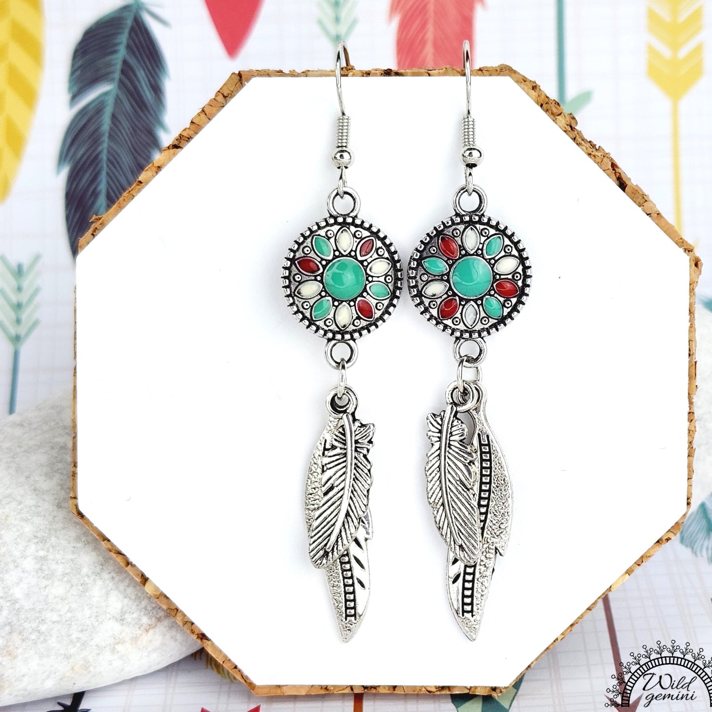 Boho Coin Feather Earrings – Handmade Silver Dangles with Teal & Red Enameled Coins & Layered Silver Feathers, 2.75” Long
