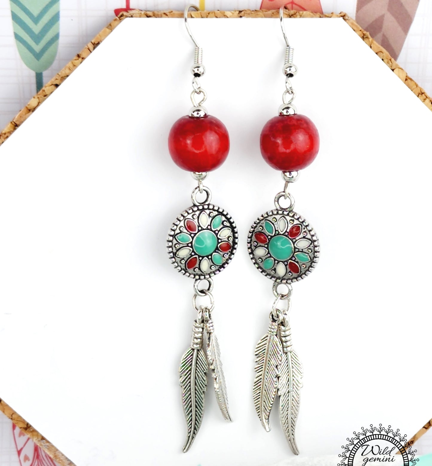 Boho Feather Coin Earrings – Handmade Silver Dangles with Red Wooden Bead, Enameled Coins & Layered Silver Feathers, 2.75” Long