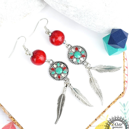 Boho Feather Coin Earrings – Handmade Silver Dangles with Red Wooden Bead, Enameled Coins & Layered Silver Feathers, 2.75” Long