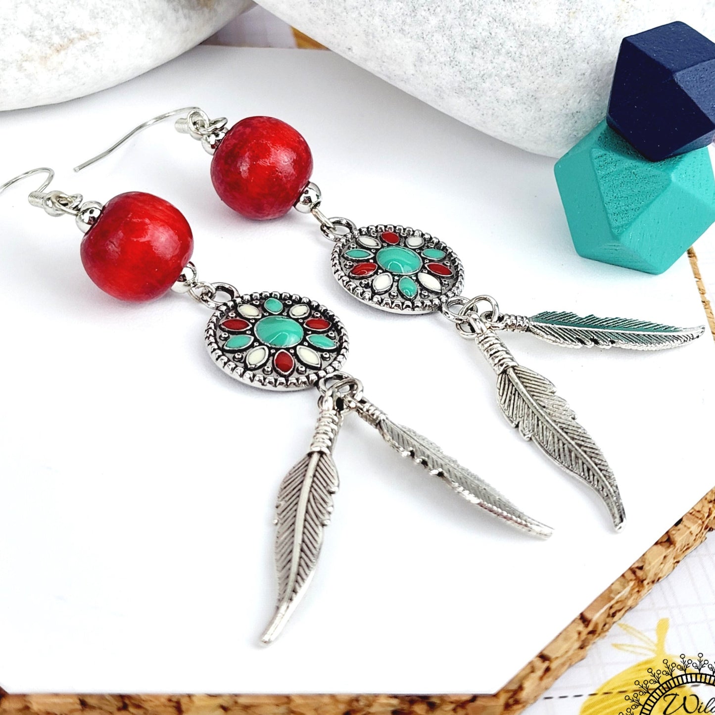 Boho Feather Coin Earrings – Handmade Silver Dangles with Red Wooden Bead, Enameled Coins & Layered Silver Feathers, 2.75” Long