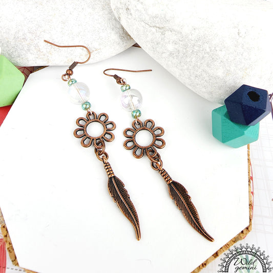 Boho Feather Earrings – Handmade Copper Dangles with Clear Glass Beads, Flower Rings & Feather Charms, 3.45” Long