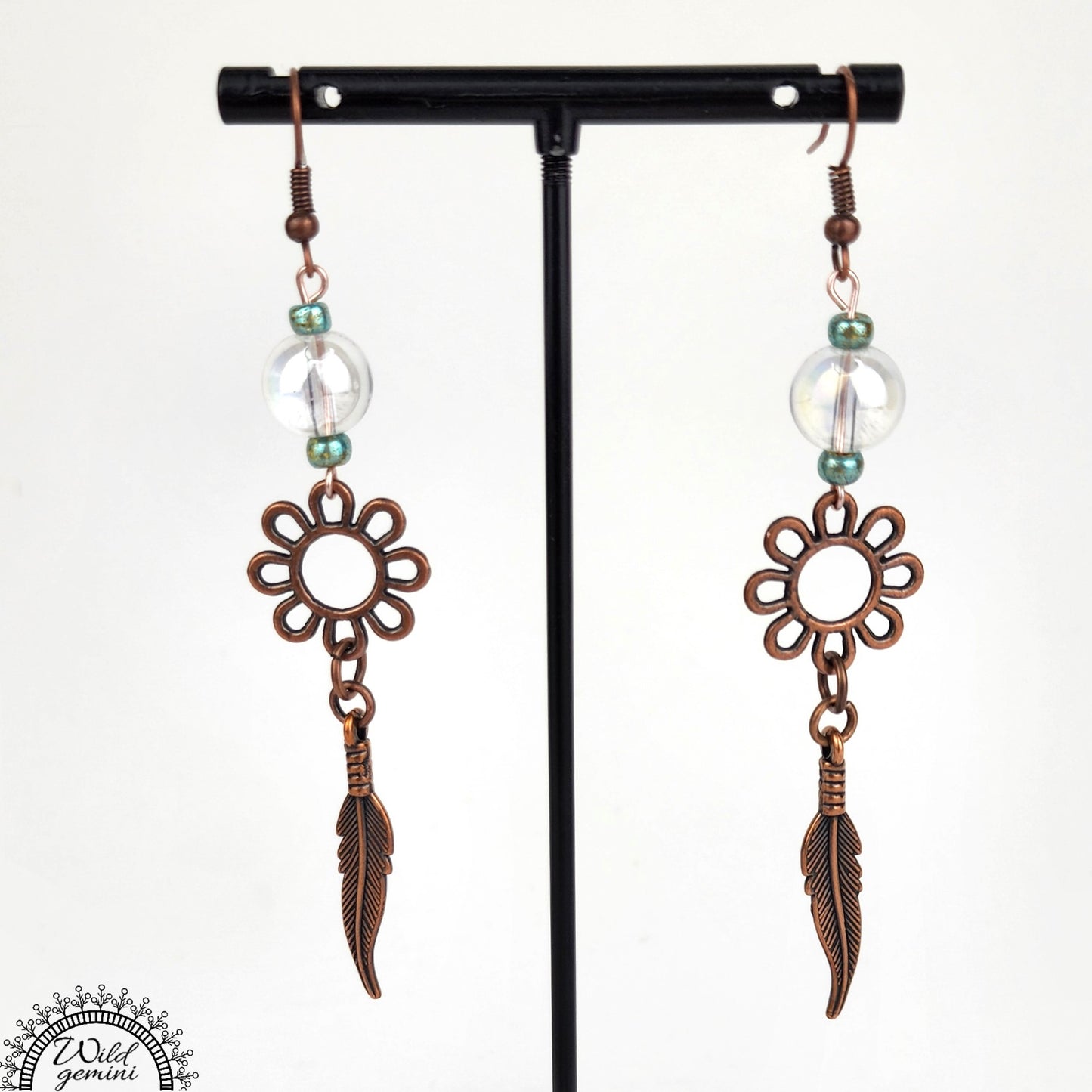 Boho Feather Earrings – Handmade Copper Dangles with Clear Glass Beads, Flower Rings & Feather Charms, 3.45” Long