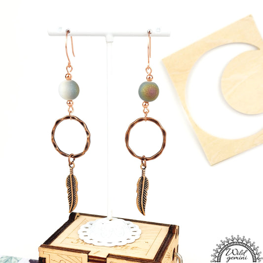 Boho Feather Earrings – Handmade Copper Dangles with Multicolor Glass Beads, Copper Rings & Feather Charms, 3.5” Long