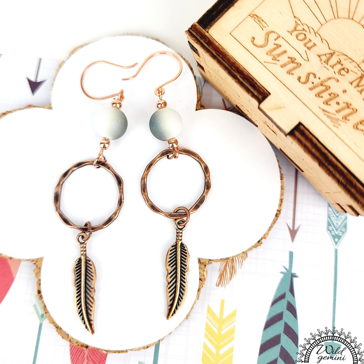 Boho Feather Earrings – Handmade Copper Dangles with Multicolor Glass Beads, Copper Rings & Feather Charms, 3.5” Long