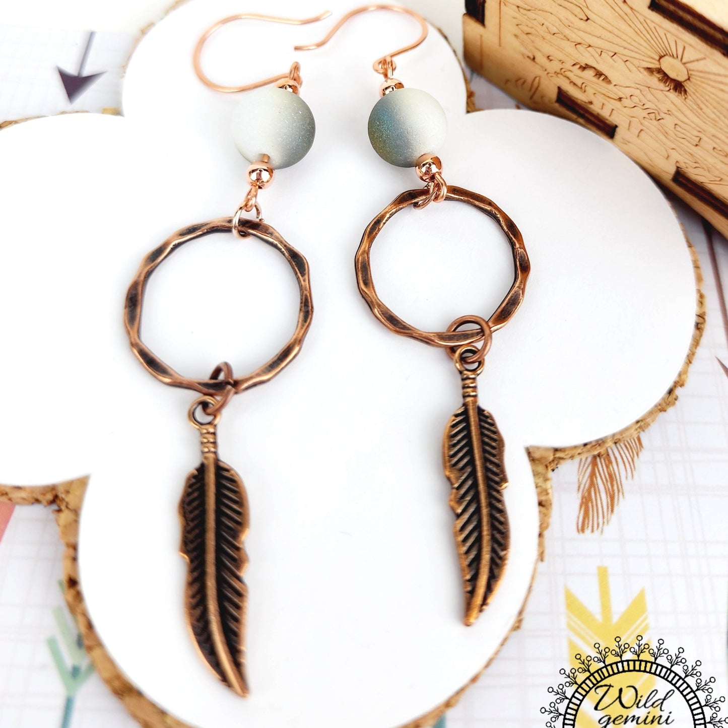 Boho Feather Earrings – Handmade Copper Dangles with Multicolor Glass Beads, Copper Rings & Feather Charms, 3.5” Long