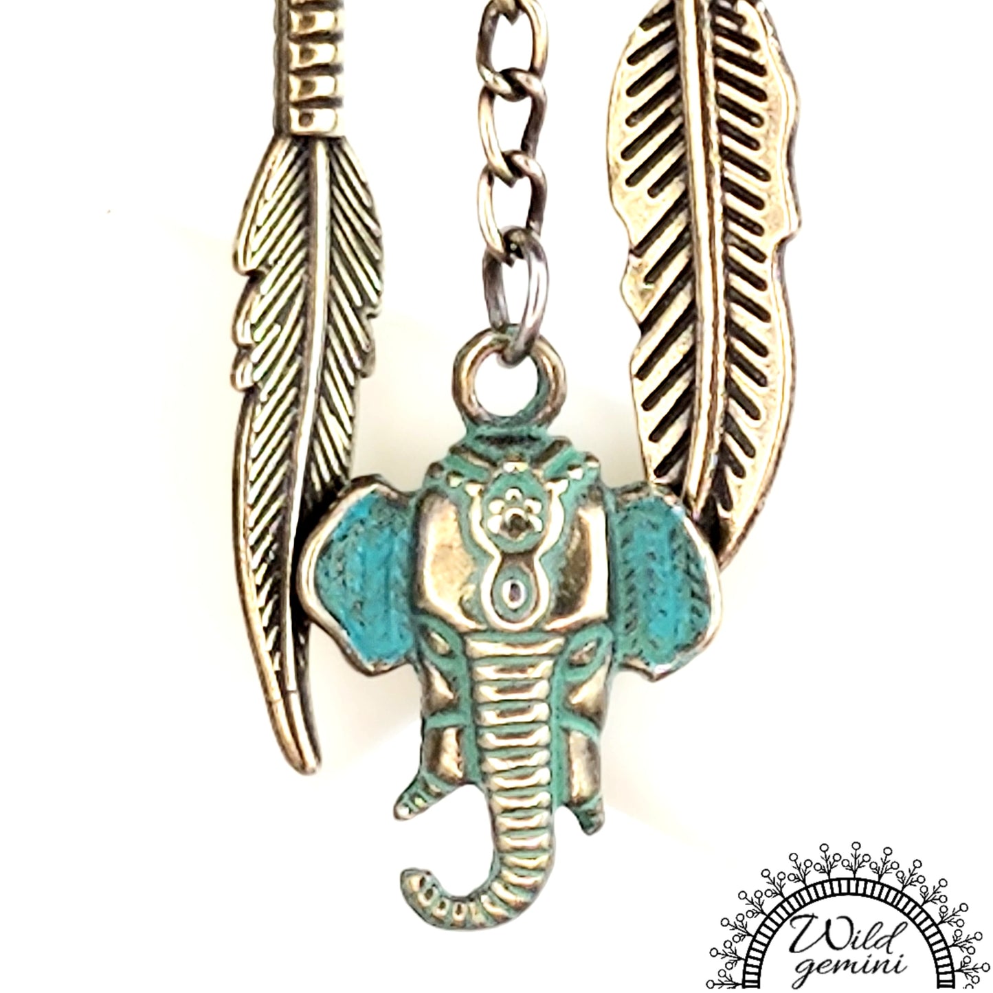 Boho Elephant & Feather Earrings – Handmade Tribal Dangle Jewelry with Turquoise Brass Charms, Yellow Seed Beads & Floral Gold Hoops