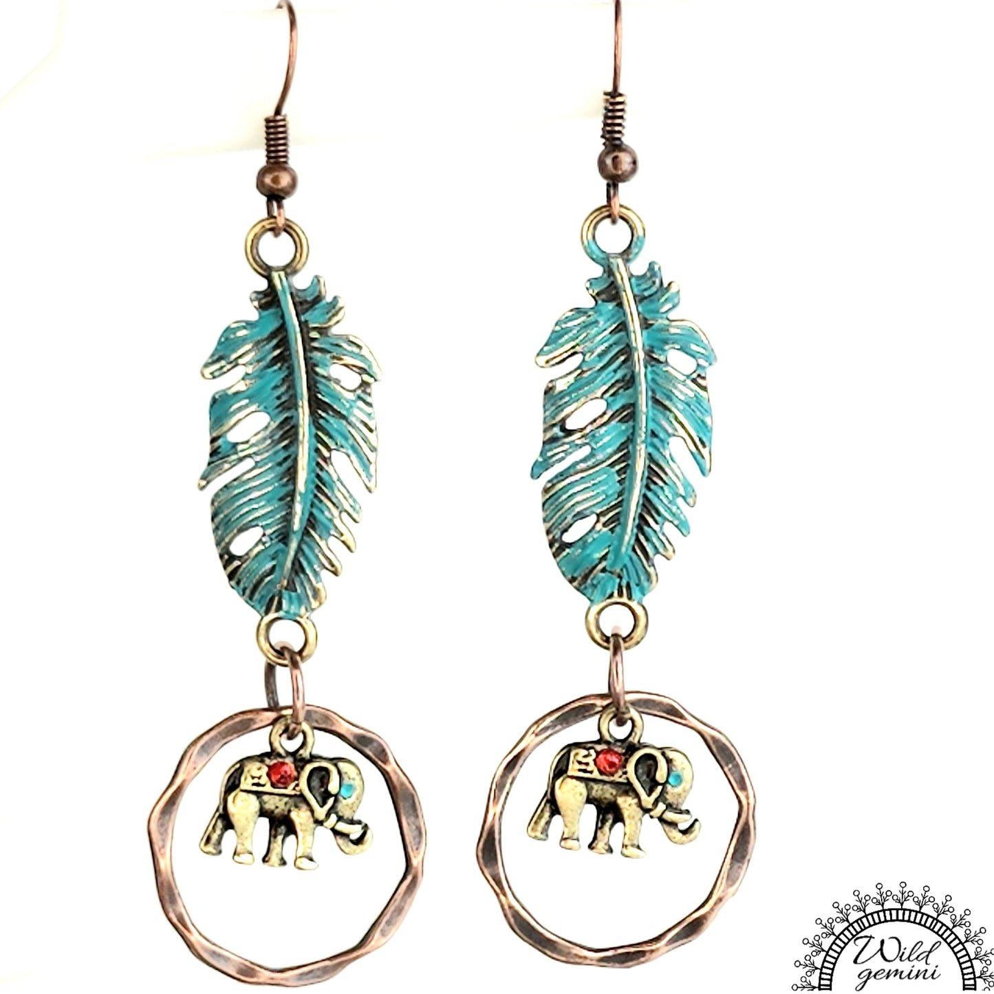 Boho Elephant Feather Hoop Earrings – Handmade Brass Hoops with Golden Elephant & Feather Charms, Copper Hooks, 2.88” Long