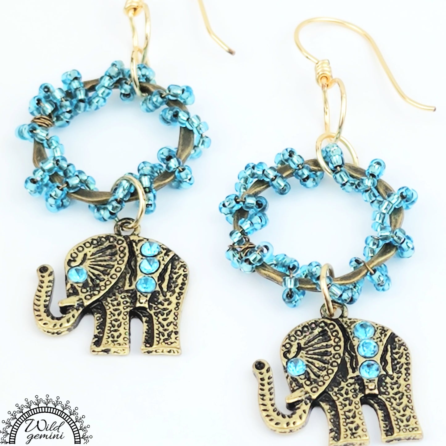 Boho Elephant Hoop Earrings – Handmade Gold Dangle Earrings with Blue Rhinestones, Seed Beads & Gold Hooks, 2.8” Long