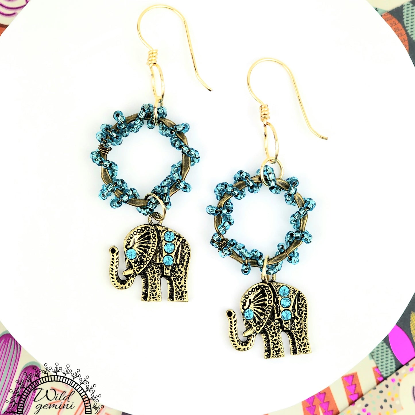 Boho Elephant Hoop Earrings – Handmade Gold Dangle Earrings with Blue Rhinestones, Seed Beads & Gold Hooks, 2.8” Long