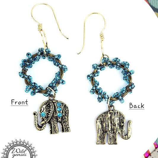 Boho Elephant Hoop Earrings – Handmade Gold Dangle Earrings with Blue Rhinestones, Seed Beads & Gold Hooks, 2.8” Long