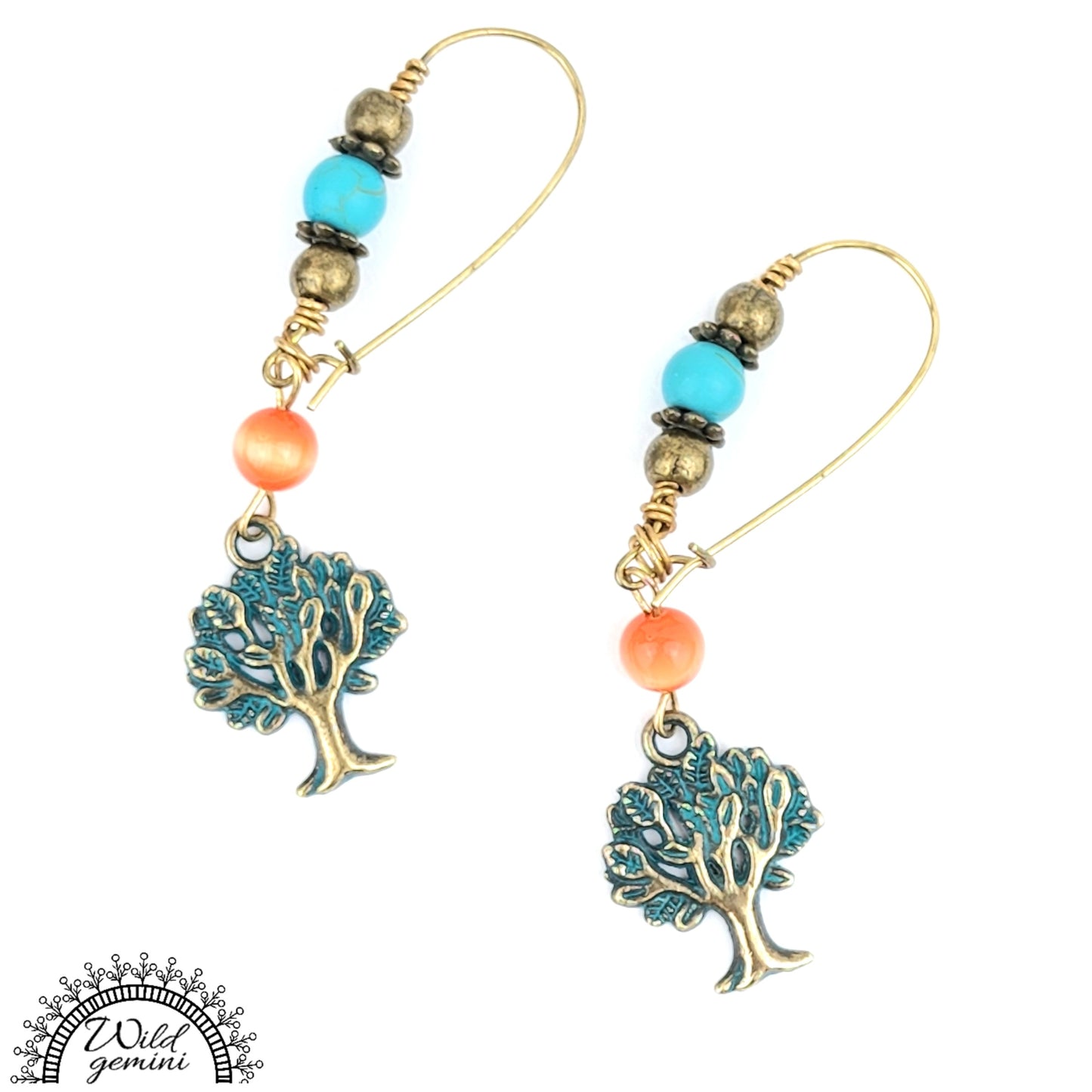 Boho Tree of Life Earrings – Handmade Brass Dangles with Turquoise Jasper, Orange Glass Beads & Tree Charms, 2.5” Long