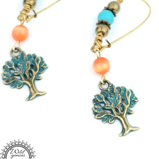 Boho Tree of Life Earrings – Handmade Brass Dangles with Turquoise Jasper, Orange Glass Beads & Tree Charms, 2.5” Long