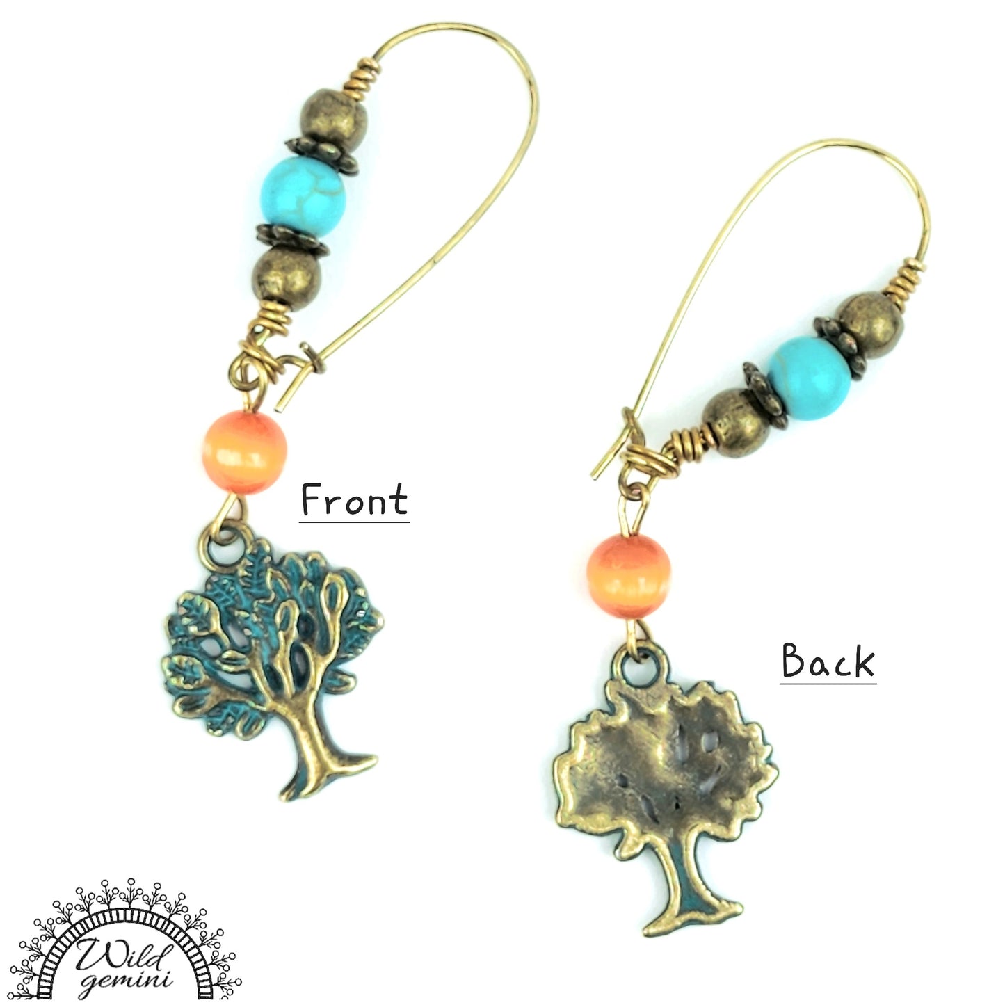 Boho Tree of Life Earrings – Handmade Brass Dangles with Turquoise Jasper, Orange Glass Beads & Tree Charms, 2.5” Long
